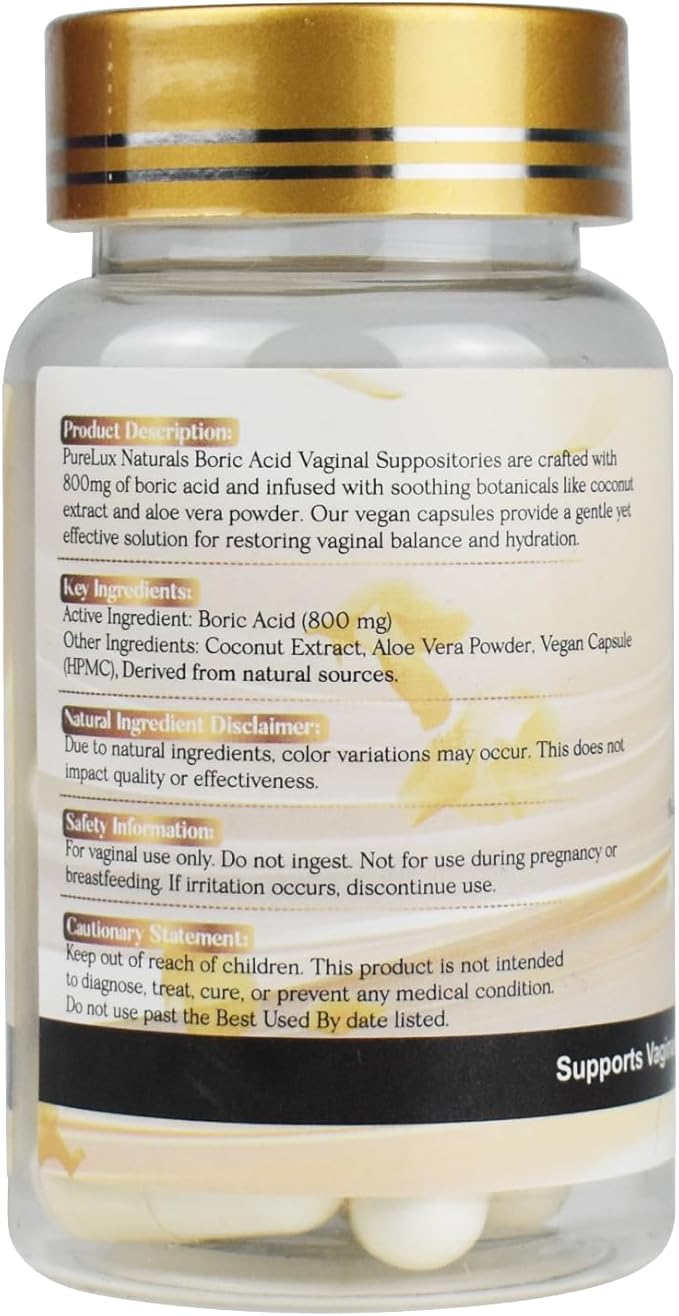 PureLux Boric Acid Capsules for Women 800mg Size 000 15 Count Daily Intimate Balance and Odor Control Plant-Based Fragrance-Free Formula