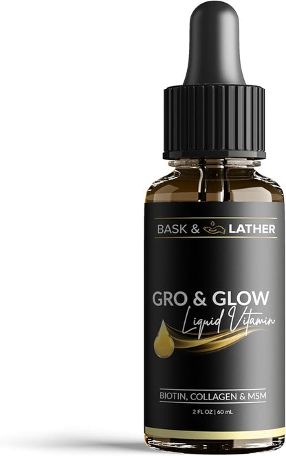 BASK & LATHER GRO & Glow Liquid Vitamin, Liquid Collagen for Women, Natural Ingredients with Collagen, Biotin, Msm, Beauty Supplement, Helps Support Healthy Hair, Skin & Nails, Cherry Flavor, 2 FL Oz