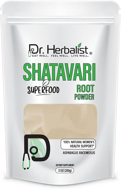 Dr. HERBALIST Shatavari Powder, Asparagus racemosus, 7.1 Oz (200G), Ayurvedic Herb for Vata & Pitta, Balanced Female Health Support, Vitality, Non-GMO, Vegan, Resealable Bag