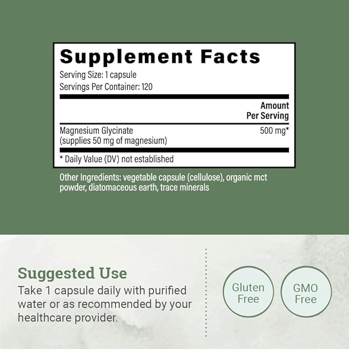 Pure Magnesium Glycinate 500mg - Chelated Magnesium Supplement, High Absorption Capsules for Sleep, Glicinato De Magnesio with Organic MCT Powder (120 Capsules)