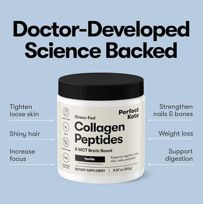 Perfect Keto Collagen Peptides Protein Powder with MCT Oil, Hydrolyzed Collagen, Type I & III Supplement, Gluten Free, Grass Fed, Low Carb, Keto Coffee Creamer, Collagen for Women & Men, Unflavored