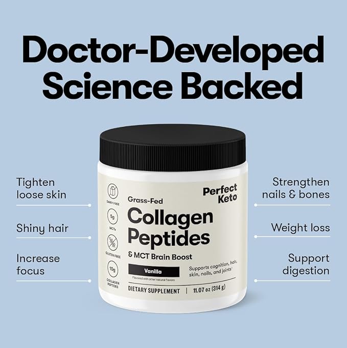 Perfect Keto Collagen Peptides Protein Powder with MCT Oil, Hydrolyzed Collagen, Type I & III Supplement, Gluten Free Grass Fed, Low Carb, Keto Coffee Creamer, Collagen for Women & Men, Strawberry