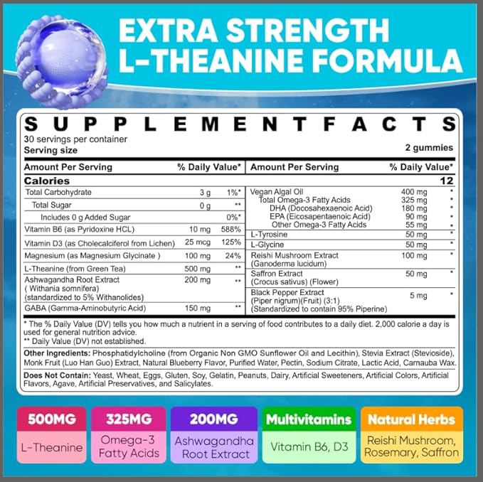 L Theanine Calm Gummies 500mg, Sugar-Free Liposomal L-Theanine Supplement, w/Safforn, Magnesium Glycinate, GABA, Ashwagandha, Algae Omega-3, Vitamin D3 B12, for Brain Calm, Relax, Mood, Zzz, 120Cts