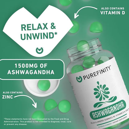 PUREFINITY Ashwagandha Gummies with Vitamin D & Zinc – Supplement for Relaxation, Calming, and Mood Support – Gluten Free, Non-GMO, Vegan, 60 Count