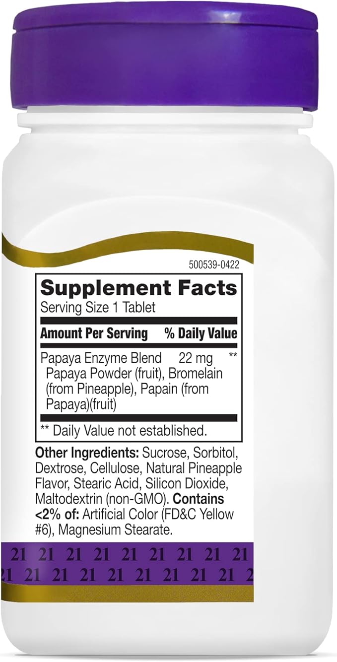 21st Century Papaya Enzyme Chewable (100 Count), Papaya & Pineapple Digestive Enzymes for Gut Health, Tropical Flavor, Non-GMO, Gluten-Free, No Added Salt, Artificial Flavors (Pack of 2)
