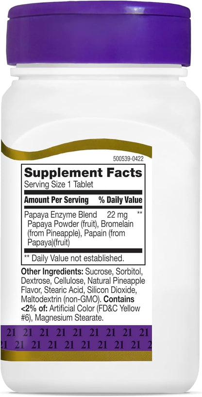 21st Century Papaya Enzyme Chewable (100 Count), Papaya & Pineapple Digestive Enzymes for Gut Health, Tropical Flavor, Non-GMO, Gluten-Free, No Added Salt, Artificial Flavors (Pack of 2)
