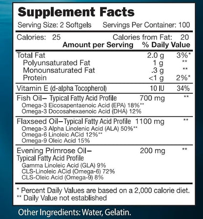 Triple Strength Omega 3-6-9 Fish Oil, Flaxseed & Evening Primrose Oil, 2000mg EPA & DHA (200 Softgels)