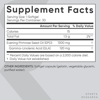 Sports Research Evening Primrose Supplement from Cold Pressed Oil - Softgels for Women’s Health & Skin Health - Gluten Free & Non-GMO GLA - High Potency 1300mg, 30 Count