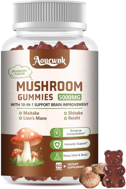 1 Pack 5000MG Mushroom Gummies for Men & Women - 10-in-1 Blend Mushroom Complex Supplement containing Lion's Mane, Brain and Immune Boosting, Blueberry Flavor, Non-GMO, 60 Cts