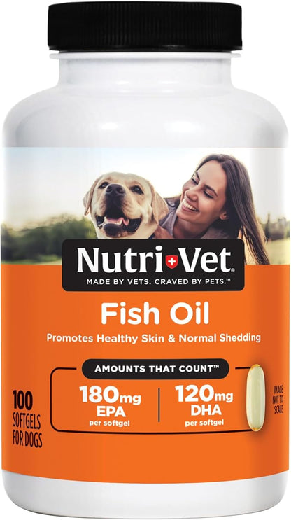 Nutri-Vet Fish Oil Supplement for Dogs, Omega 3, Fish Oil for Dogs, Pet Supplies, Pet Vitamins and Supplements, EPA DHA Formula, Puppy Vitamins, Shed Control, New Puppy Essentials, 100 Count