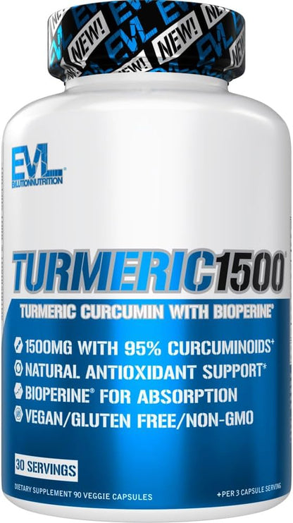 Evlution Herbal Relief Turmeric Curcumin with Bioperine - EVL 1500mg 95% Curcuminoid Turmeric Curcumin with Black Pepper for Digestive Skin Immunity Liver and Joint Support - Non GMO Vegan Supplement