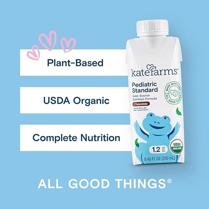 KATE FARMS Organic Pediatric 1.2 High Calorie Chocolate Nutrition Shake,12g Protein,27 Vitamins and Minerals,Meal Replacement,8.45 oz,(Pack of 24)
