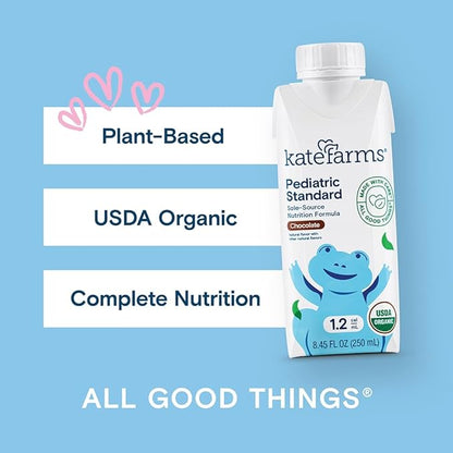 KATE FARMS Organic Pediatric 1.2 High Calorie Chocolate Nutrition Shake,12g Protein,27 Vitamins and Minerals,Meal Replacement,8.45 oz,(Pack of 24)