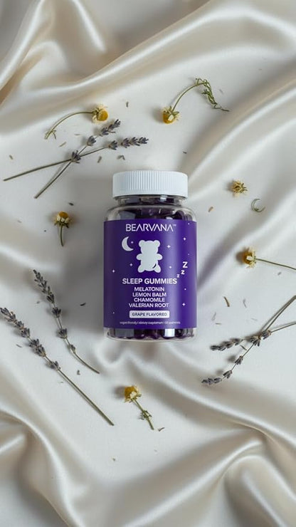 BEARVANA Sleep Gummies with Melatonin | Grape Flavored Vegan Sleep Supplement with Lemon Balm, Chamomile & Valerian Root | Night time Relaxation & Rest Support | 60 Gummies
