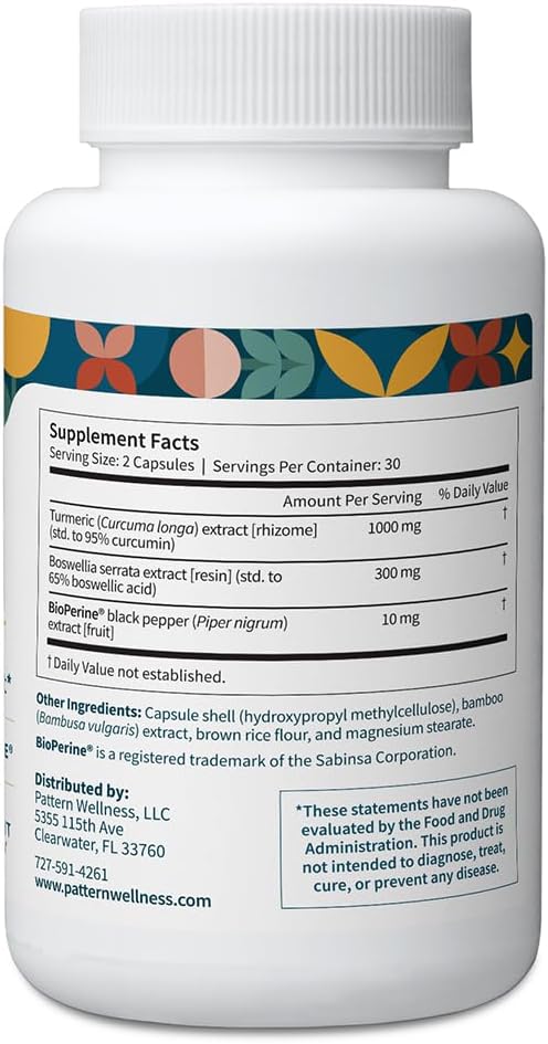 Pattern Wellness Turmeric Curcumin – 95% Curcuminoids with BioPerine® Black Pepper – Supports Joint, Cognitive & Immune Health – Non-GMO, Gluten Free – 60 Capsules