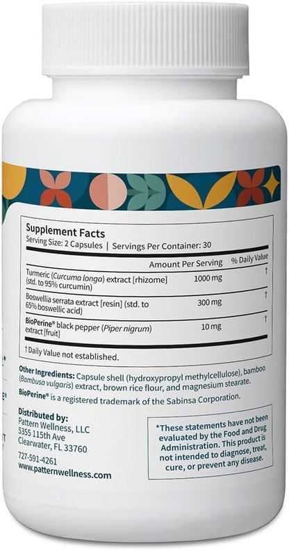 Pattern Wellness Turmeric Curcumin – 95% Curcuminoids with BioPerine® Black Pepper – Supports Joint, Cognitive & Immune Health – Non-GMO, Gluten Free – 120 Capsules