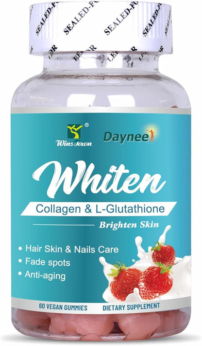 Skin Whiten Gummies, Contains Collagen & L-Glutathione, Support Brighten Skin, Fade Spots & Anti-Aging, 60 Count