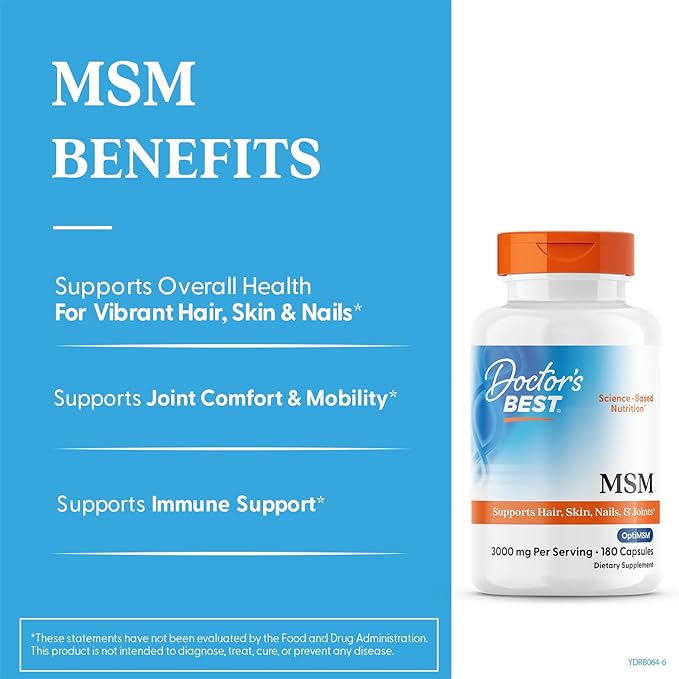 Doctor's Best MSM Supplement Capsules for Men & Women - Supports Hair, Skin, Nails, Joint Health & Mobility, 3000 mg Per Serving, Delivers Beneficial Sulfur w/OptiMSM, Gluten Free, Non GMO - 180 Caps