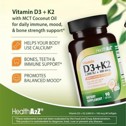 HealthA2Z® Vitamin D3 (2,000 IU) + K2 (MK-7) Made with Virgin Coconut Oil (Natural MCTs) - 90 Softgels (Pack of 1) - Helps Calcium Absorption for Bones, Teeth, Mood & Immune Health