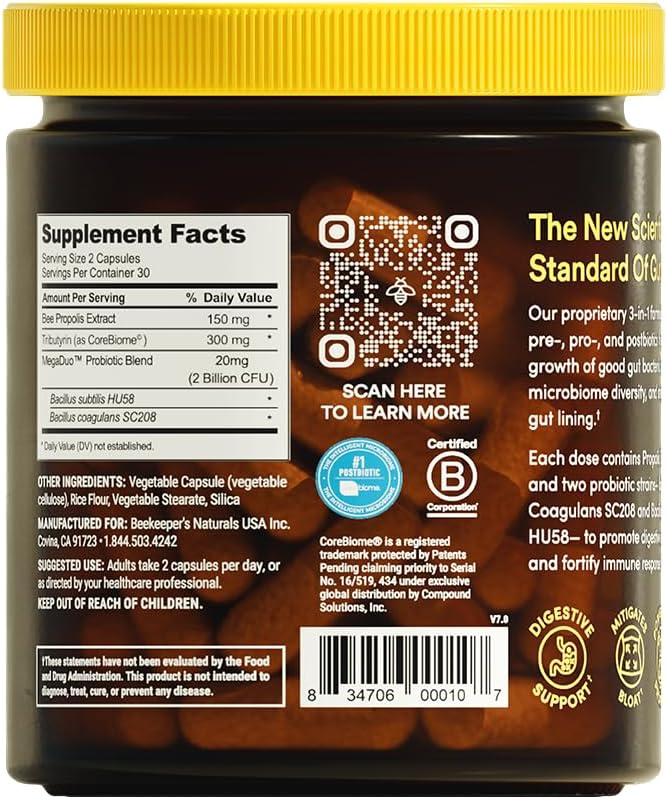 Complete Gut Health by Beekeeper's Naturals, 3-in-1 Prebiotic, Postbiotic, Probiotics for Digestive Health & Bloating Relief for Women & Men, Propolis Powered, Gluten-Free Vegan Capsules, 60ct