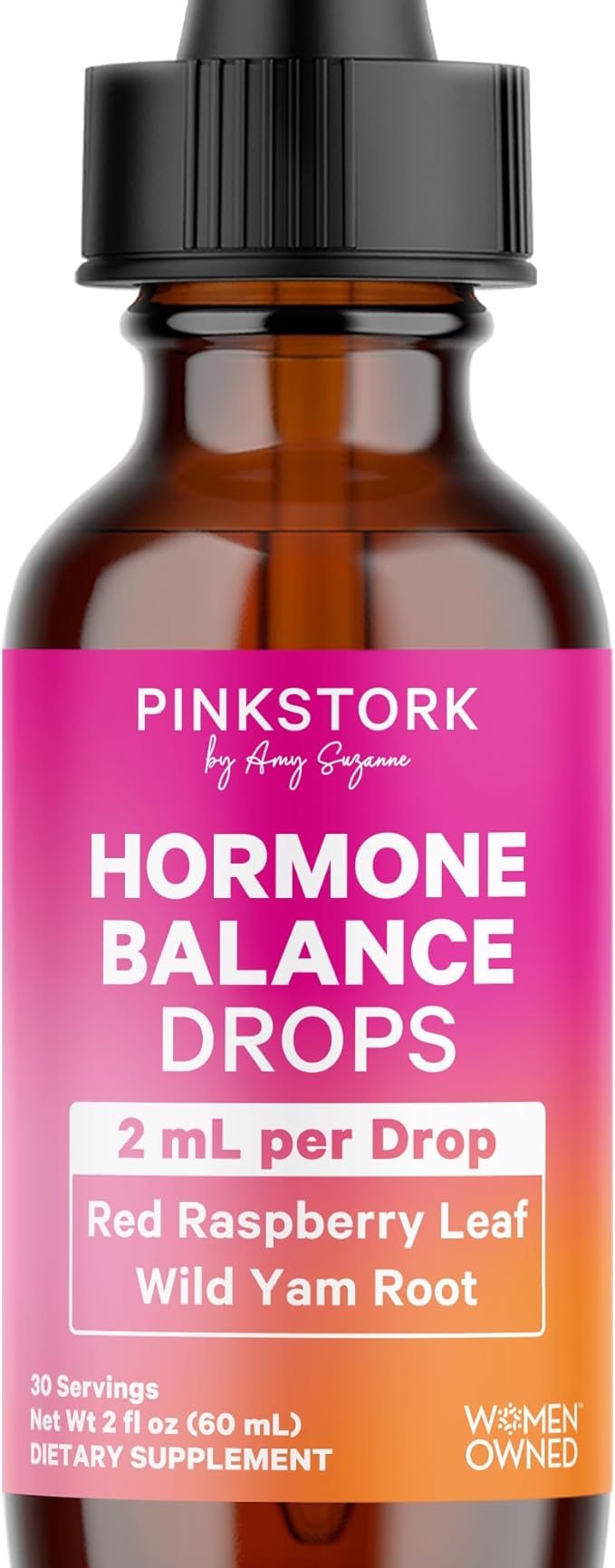 Pink Stork Hormone Balance Drops for Women - Supports Hormonal Health, PMS, Perimenopause & Mood, with Red Raspberry Leaf & Wild Yam - Liquid Supplement - Vegan, 2oz, 30 Servings