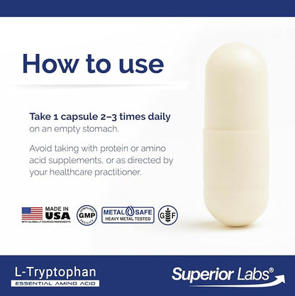 Superior Labs L-Tryptophan 500 mg Capsules, Pure Non-GMO Amino Acid, High Absorption, Supports Sleep and Mood, Helps with Occasional Stress, PMS Support, 120 Veg Caps