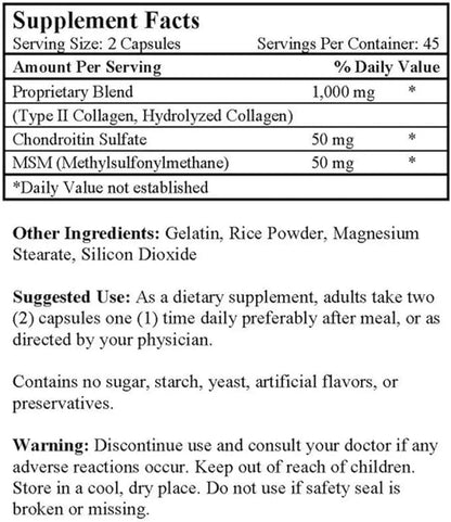 Co-Cell Type II Collagen Supplement | Hydrolyzed Chicken Cartilage with Chondroitin & MSM | Advanced Formula for Joint Care & Skin Support | 90 Capsules