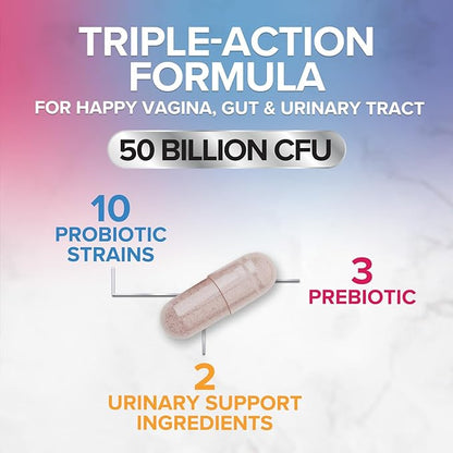 Vaginal Probiotics for Women pH Balance with Prebiotics - 50 Billion CFU - 10 Unique Feminine Strains, Cranberry & D-Mannose for Women's Probiotic Vag Health, Supplement Bottled in USA - 60 Capsules