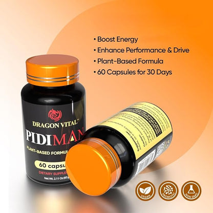 PIDIMAN Plant-Based Performance Supplement for Men, Energy and Drive Enhancement Formula, 60 Capsules, 30-Day Supply, Vegan Dietary Supplement