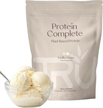 TRU Supplements Plant Based Protein Powder, BCAA, EAA, 20g Vegan Brown Rice & Pea Protein, 100 Calories, 27 Vitamins, No Artificial Flavors 25 Servings (Vanilla Cream)