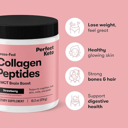 Perfect Keto Collagen Peptides Protein Powder with MCT Oil, Hydrolyzed Collagen, Type I & III Supplement, Gluten Free Grass Fed, Low Carb, Keto Coffee Creamer, Collagen for Women & Men, Strawberry