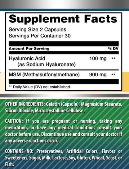 Amazing Formulas Hyaluronic Acid & MSM Supplement | 1000 Mg Per Serving | Capsules | Non-GMO | Gluten Free | Made in USA (60 Count | 1 Pack)