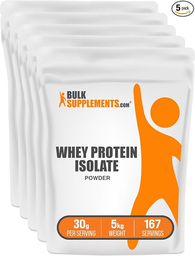 BulkSupplements.com Whey Protein Isolate Powder - Unflavored Whey Protein Powder, Nutritional Supplement - Gluten Free, 30g per Serving, 1kg (2.2 lbs) (Pack of 5)