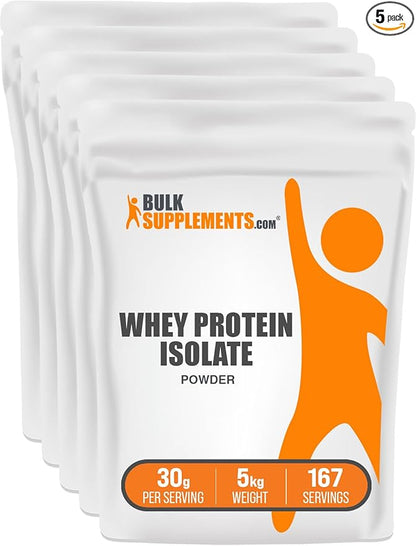 BulkSupplements.com Whey Protein Isolate Powder - Unflavored Whey Protein Powder, Nutritional Supplement - Gluten Free, 30g per Serving, 1kg (2.2 lbs) (Pack of 5)