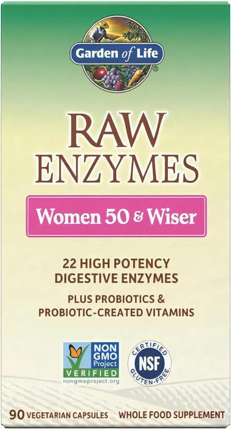 Garden of Life 22 Digestive Enzymes for Women 50 & Over with Bromelain, Papain & Lactase plus Probiotics & Vitamins B12, Biotin & Zinc – RAW Enzymes – Non-GMO, Gluten-Free, Vegetarian, 90 capsules