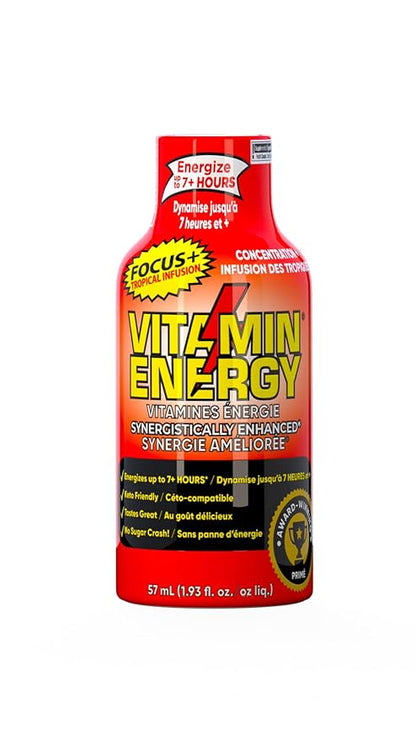 Vitamin Energy Focus+ Extra Strength Energy Shot Tropical Infusion 12 Pack, 260mg Natural Caffeine, B-Vitamins, CoQ10, Amino Acids, Focus, Productivity & Clarity, Zero Sugar, Gluten-Free, 1.93 fl oz