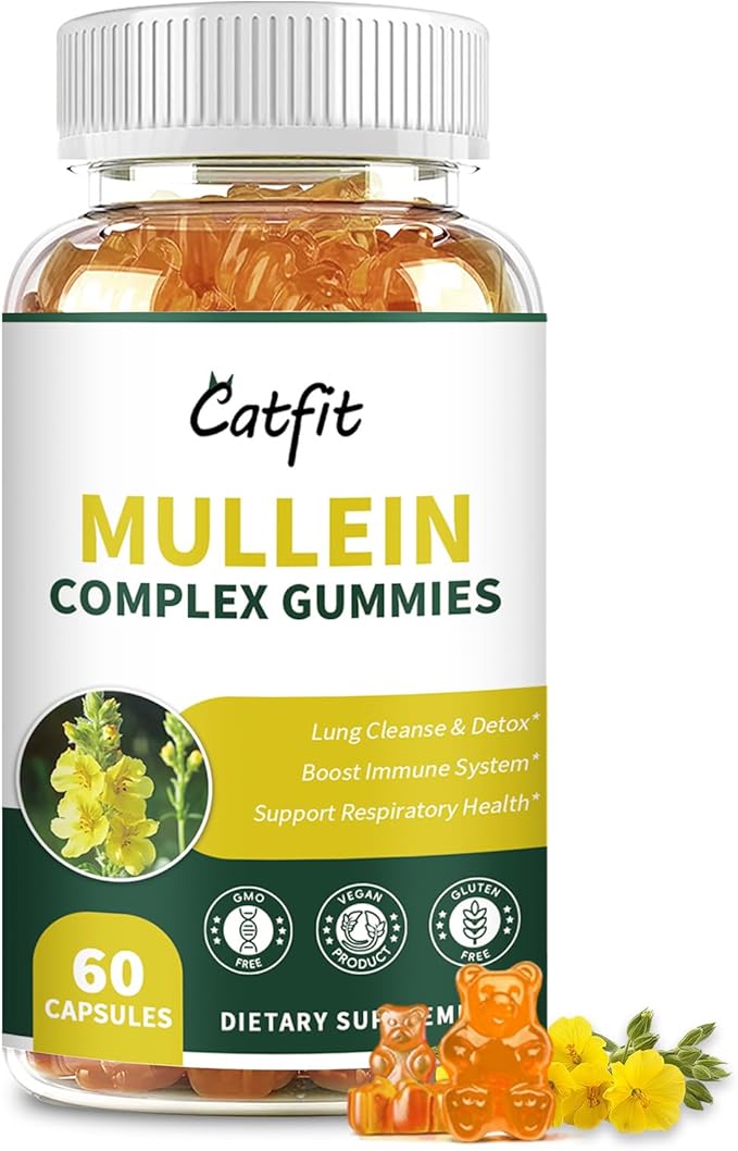 Catfit Mullein Gummies for Lungs – Mullein Leaf Extract with Quercetin, Elderberry for Respiratory & Immune Support,Lung Health & Breathing, Vegan, Pineapple Flavor, 60 Gummies