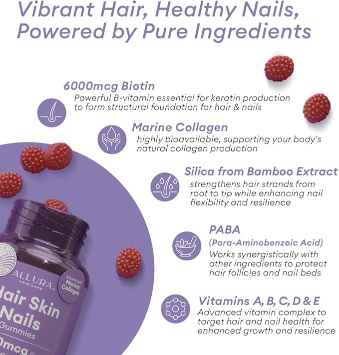 Hair Skin and Nails Vitamins for Women – Extra Strength 6000mcg Biotin Hair Gummies with Marine Collagen, Vitamin E, A, C & PABA for Hair Growth, Healthy Skin & Nails – Made in US, Passion Fruit, 60ct