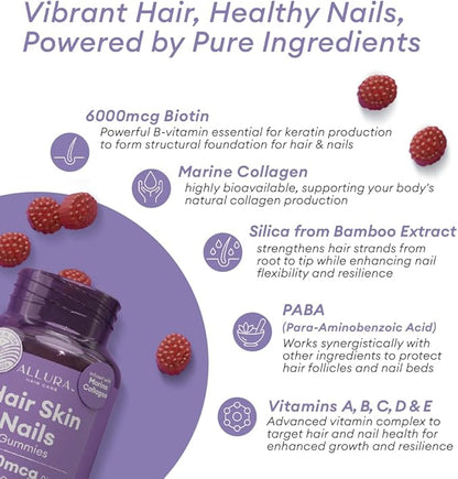 Hair Skin and Nails Vitamins for Women – Extra Strength 6000mcg Biotin Hair Gummies with Marine Collagen, Vitamin E, A, C & PABA for Hair Growth, Healthy Skin & Nails – Made in US, Passion Fruit, 60ct