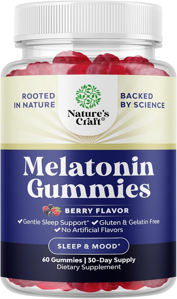 Melatonin Gummies 5mg for Peaceful Nights - Easy to Chew Sleep Gummies for Adults - Helps Support Circadian Rhythm - Delicious Strawberry Flavor - Non-Habit Forming Sleep Aid - Gelatin Free - 60 Count