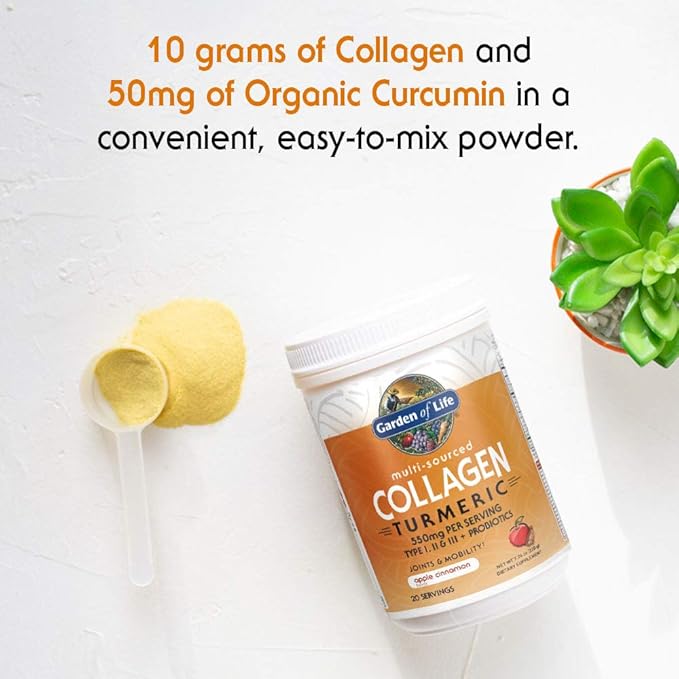 Garden of Life Multi-Sourced Collagen Peptides + Turmeric Powder - Apple Cinnamon, 20 Servings, for Women Men Joints Mobility, Hydrolyzed Collagen Protein Powder Supplements