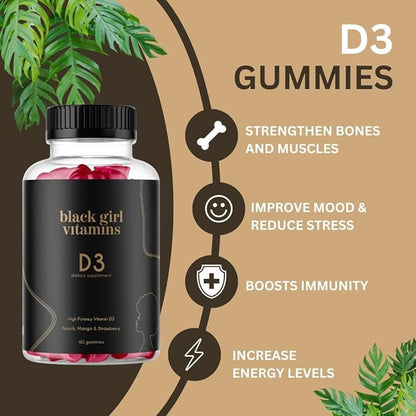 Black Girl Vitamins - Vitamin D3 Gummies, for Immune, Energy, and Bone Support, 2000IU (50mcg) Vitamin D per Serving, Gluten-Free Vitamin D Gummies, 60 Count (2-Pack)