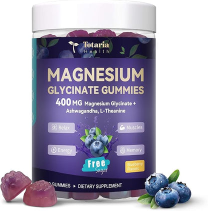 Magnesium Glycinate Gummies 400mg - Magnesium Complex Gummy with Malate, Taurate & Citrate - Supports Sleep, Relaxation, Brain & Muscle - 60 Count Blueberry Flavor (Sugar Free & Vegan)