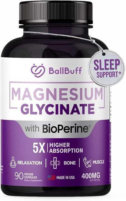 Pure Magnesium Glycinate 400mg - 5X Higher Absorption - Support Stress Relief, Sleep, Bone Health - 100% Chelated - Pure Magnesium Supplement for Women and Men- 90 Veggie Capsules