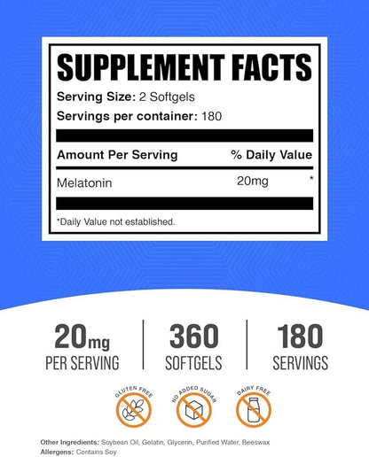 BulkSupplements.com Melatonin 20mg Softgels - 2 Softgels per Serving, 360 Count (Pack of 1)