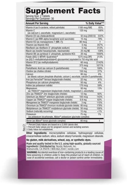 Nordic Naturals Prenatal Multivitamin for Women - Daily Vegetarian Prenatal Vitamins - 22 Essential Nutrients, Including B6, Folate, and Iron - 60 Tablets - 30 Servings