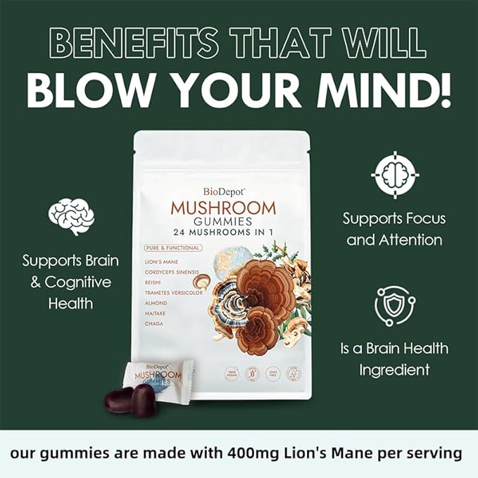 Mushroom Daily Supplement All in One Gummie, 24 Mushroom Lions Mane Nootropic Supplements Boosts Memory, Focus, Energy & Mood in Adults - Reishi, Cordyceps, Turkey Tail, 80 Gummies