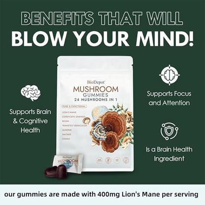 Mushroom Daily Supplement All in One Gummie, 24 Mushroom Lions Mane Nootropic Supplements Boosts Memory, Focus, Energy & Mood in Adults - Reishi, Cordyceps, Turkey Tail, 80 Gummies