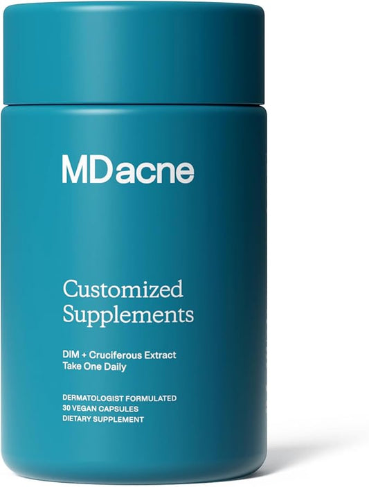 MDacne DIM Skin Clearing Supplements (30 Vegan Capsules) - for Acne Treatment, Estrogen Balance, Hormone Menopause Relief & Bodybuilding, Cruciferous Extract & Bioperine (30 Count (Pack of 1))