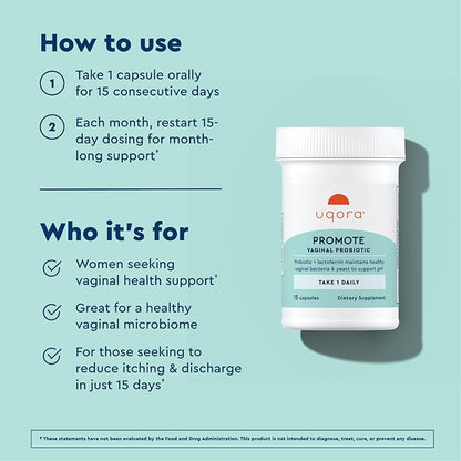 Uqora Promote - Support Vaginal Health* - Probiotic for Women with Lactoferrin, Lactobacillus Acidophilus & Lacticaseibacillus Rhamnosus - Vaginal Probiotics - Gluten-Free - 15 Capsules